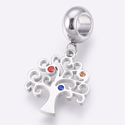 

304 Stainless Steel European Dangle Beads Large Hole Pendants with Rhinestone Tree Stainless Steel Color 255mm