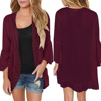 

Nomeni Womens Casual Solid Lace Long Sleeve Chiffon Cardigan Loose Kimono Blouse Tops