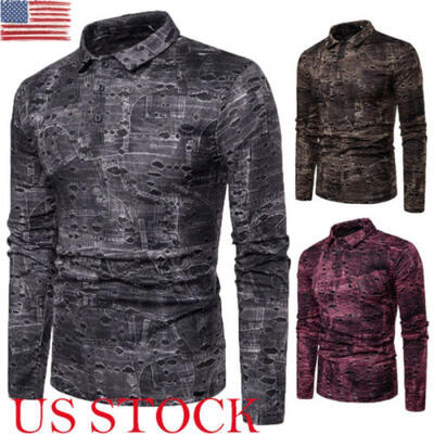 

US Mens Ripped Long Sleeve Shirts Casual Slim Fit Pullover Button Blouse T shirt