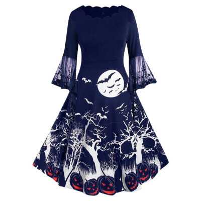 

Tailored Women Vintage Long Sleeve V Neck Halloween Housewife Lace Print Dress