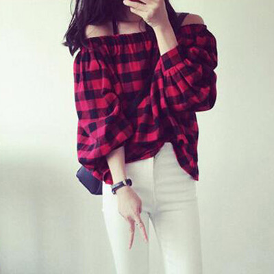 

Womens Plaid Off Shoulder Smocked Tops Ladies Sexy Checked Bardot Blouse Shirts