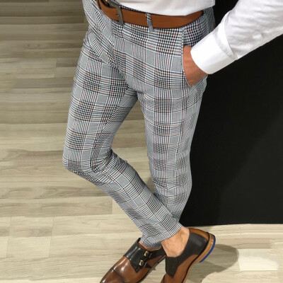 

Gobestart Fashion Men Casual Plaid Print Drawstring Elastic Waist Long Pants Trousers