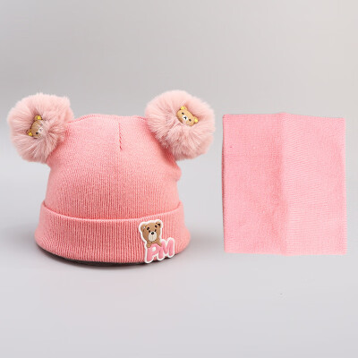 

Dongyun new autumn&winter childrens children twin ball knitted cotton collar cover hat to keep warm two-piece hat