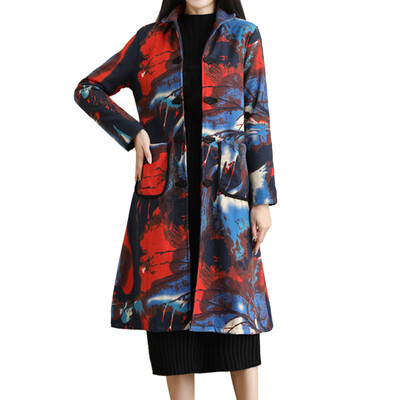 

Toponeto Women Folk-Custom Print Velvet Cotton Outwear Warm Long Thick Coat Jacket Parka