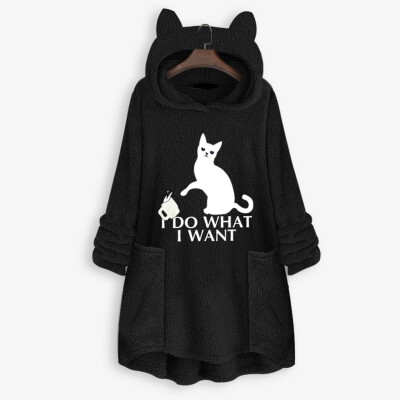 

Tailored Women Fleece Embroidery Cat Ear Plus Size Hoodie Pocket Top Sweater Blouse