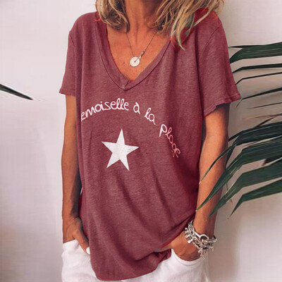 

Starmoon Women Casual V Neck Letter Print Short Sleeve Ladies Top Shirts Blouse