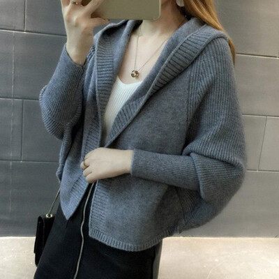 

Korean Style Women Cardigans Fashion Warm Knitted Autumn Winter Short sweater Hooded Cardigan