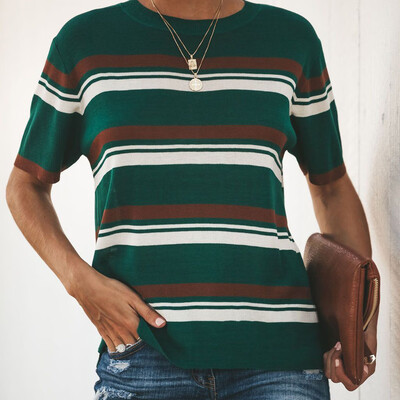 Nomeni Fashion Women Casual Short Sleeve Striped O-Neck Loose T-Shirt Tops Blouse