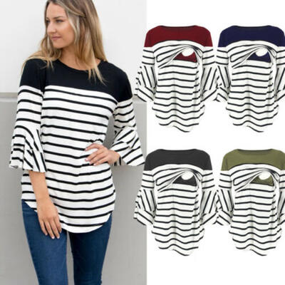 

Women Pregnant Maternity Clothes Nursing Top Stripe Breastfeeding T-Shirt Blouse