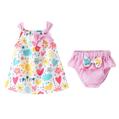 

2pcs Newborn Girls Dress Set Sleeveless Print Princess Sling Dress Briefs