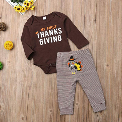 

My First Thanksgiving Baby Boy Girl Outfit RomperStriped Turkey Pants 2Pcs
