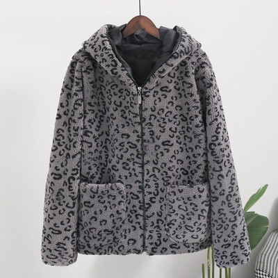 

Tailored Women Fashion Leopard Print Long Sleeve With Hat Short Wool Pellet Coat