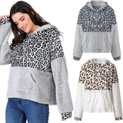 

Starmoon Womens Leopard Print Artificial Wool Shirt ZipperTop Winter Parka Blouse