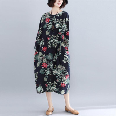 

Vintage Women Cotton Linen Dress O Neck Raglan Three Quarter Sleeve Print Pockets Casual Plus Size Loose Midi Dress
