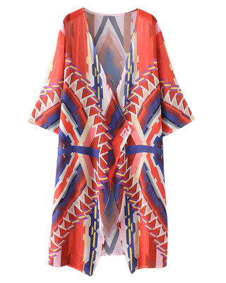

Women Casual Hippie Kimono Chiffon Blouse Geometric Print Long Loose Cardigan Summer Beach Cover Up Orange