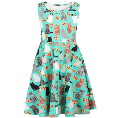 

Youth Teen Kids Girl Sleeveless Cartoon Cats Dress Party Sundress Clothes