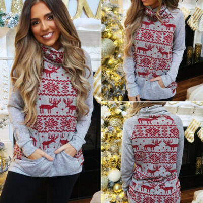 

US Women High Collar Sweatshirt Slouch Pullover Christmas Elk Sweater Jumper Top