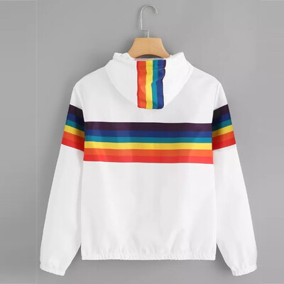 

Toponeto Womens Long Sleeve Rainbow Patchwork O Neck Sweatshirt Hooded Overcoat Blouse