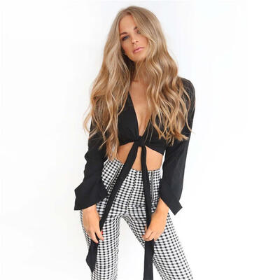 

Solid Leisure Women T-Shirt Trumpet Sleeve Sexy Bandage Chiffon Spring Tops
