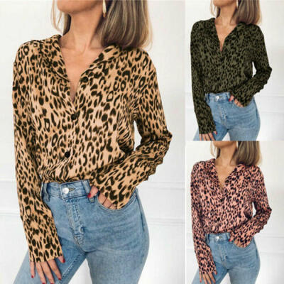 

Summer Womens Casual Tops Blouse Long Sleeve V Neck Leopard Print T-Shirt Ladies