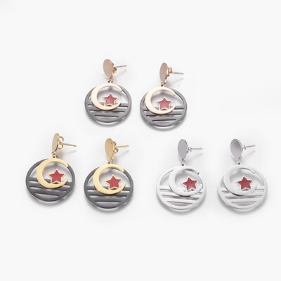 

304 Stainless Steel Dangle Stud Earrings with Enamel Flat Round with Moon & Star Mixed Color 38mm Pin 07mm