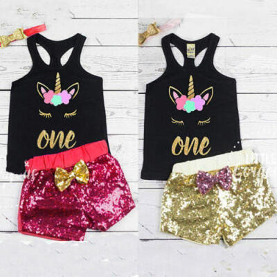 

USA Sequins Toddler Baby Kids Girl Unicorn Clothes Vest T-shirtShorts Outfits