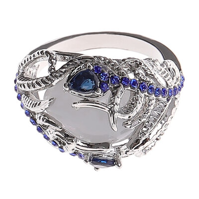 

1Pcs New Creative Feather Silver Ring For Women Vintage Blue Opal Flower Moonstone EngagementWedding Rings