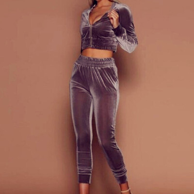 

2019 Autumn Women Fashion Sport Solid color Long sleeve Short paragraph sweatshirt Trousers Set