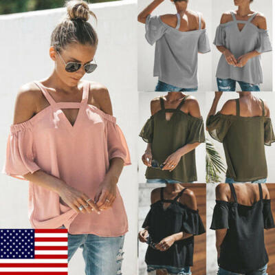 

Sexy Summer Womens Strappy Cold Shoulder Tops Blouse Ladies Short Sleeve T-Shirt