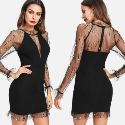 

Fashion Women Pearl Lace Long Sleeve Party Evening Cocktail Short Mini Dress
