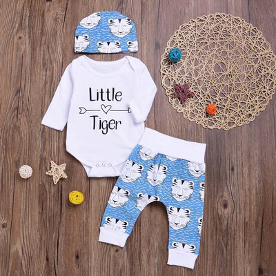 

Newborn Baby Boys Girls Letter RomperCartoon Tiger Pants Hat 3pcs Clothes Set