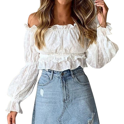 

Women Off Shoulder Mesh Embroidery One Word Collar Long Sleeve Summer Casual T-Shirt