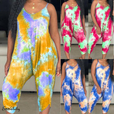 

Plus Size Women Summer Floral Pants Playsuit Sleeveless V Neck Romper Jumpsuit