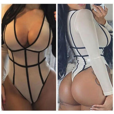 

Sexy Women Strappy V-Neck Mesh Bodycon See-through Slim Romper Bodysuit Tops UK