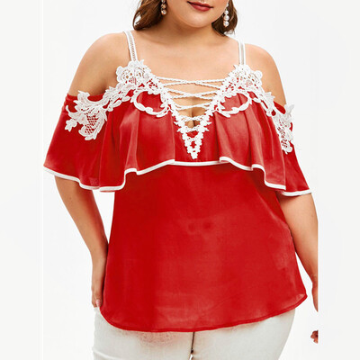 

Nomeni Large Size Women Off Shoulder Lace Short Sleeve V Neck Shirt Tops Blouse