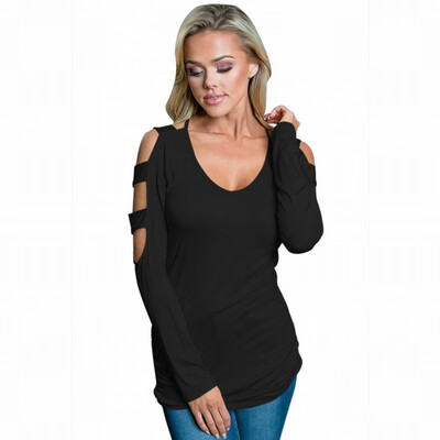 

Solid color V-neck long-sleeved open shoulder blouse casual top