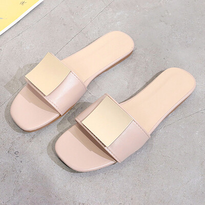 

Women with slippers wearing Korean version of "Baitao" one-word slipper with soft sole beach shoes chic sandals outside summer