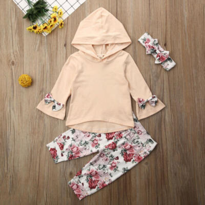 

AU Kids Baby Girl Clothes Hooded Bowknot Tops Flower Long Pants Outfit Tracksuit