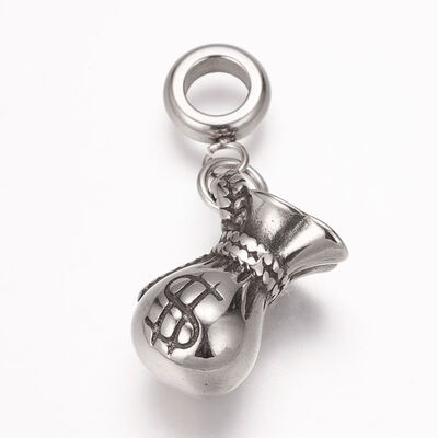 

304 Stainless Steel European Dangle Beads Large Hole Pendants Bourse with Dollar Sign Antique Silver 27mm