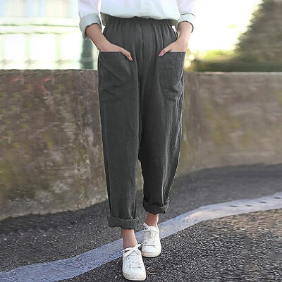 

Plus Size Women Pure Color Tightness Wide Leg Pants Pocket Easy Trousers