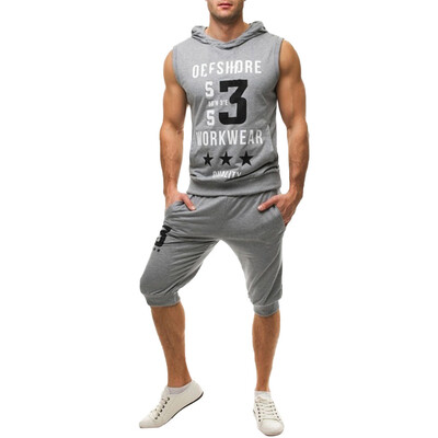 

Toponeto Mens Summer Leisure Fashion Printing Sleeveless Hoodie Vest Shorts Sports Sets