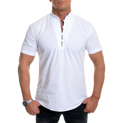 

Toponeto Mens Short Sleeve Shirt Smart Grandad Collar Loops Cotton White Black Blouse