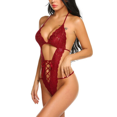 

Toponeto New Women Deep V Halter Lingerie Teddy One Piece Bodysuit Lace Bandage Underwear