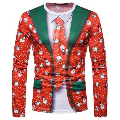 

Round Collar 3D Printing Christmas Tie Fashion Long Sleeve Men Shirt