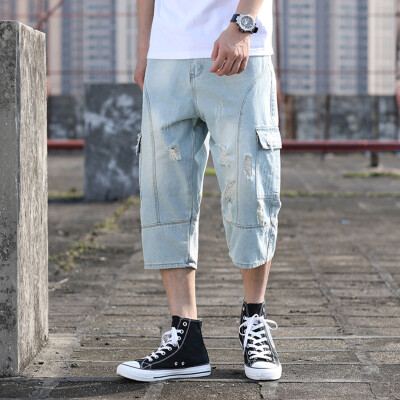 

Gobestart Mens New Fashion Summer Casual Straight Loose Hole Jeans Calf-Length Pants