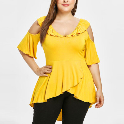 

Roseonmyhand Womens Plus Size V-neck Short Sleeve Off Shoulder Ruffled Irregular Hem Tops