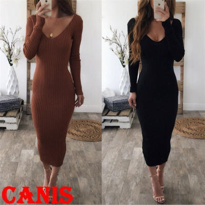 

Women V Neck Knitted Bodycon Jumper Dress Ladies Winter Party Pencil Dresses