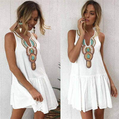 

UK Boho Women Summer Beachwear Kaftan Holiday Sleeveless Long Vest Mini Dress