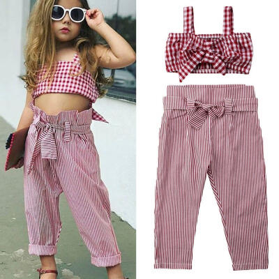 

Fashion Baby Girls Sunsuit Formal Outfits Set new Kids Plaid Crop Top VestStriped Pants