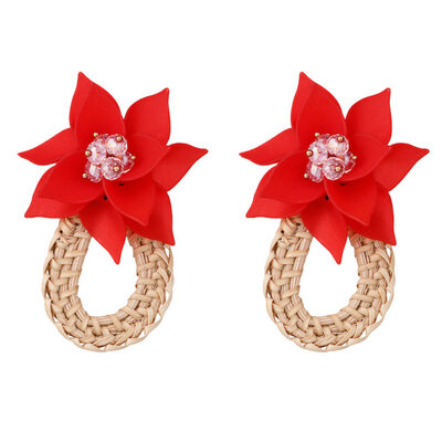 

Women Flower Water Drop Rattan Weave Charm Rhinestone Statement Stud Earrings